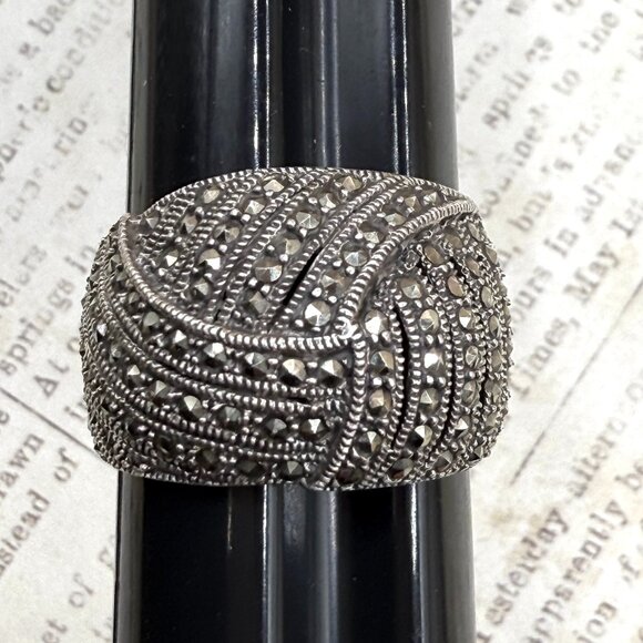 Vintage Large Wide Sterling Silver Marcasite Statement Ring Band Marked 925